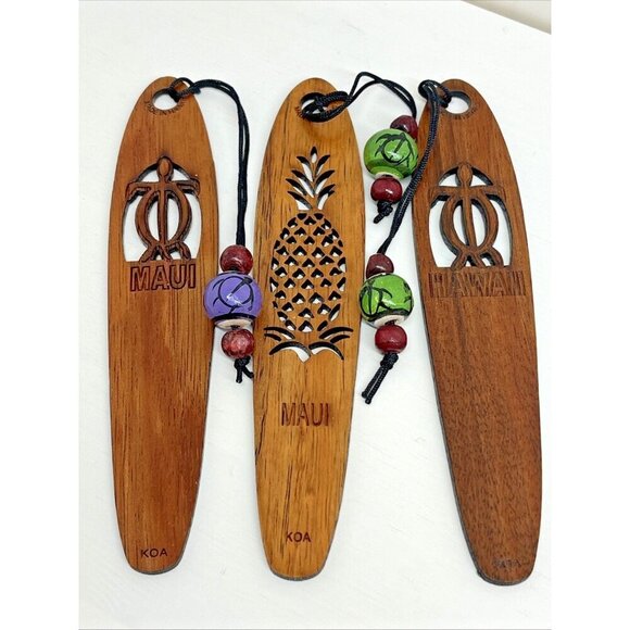 Hawaii Koa Wood Engraved Bookmarks with turtle bead (lot of 3) 5.5" - Picture 1 of 8